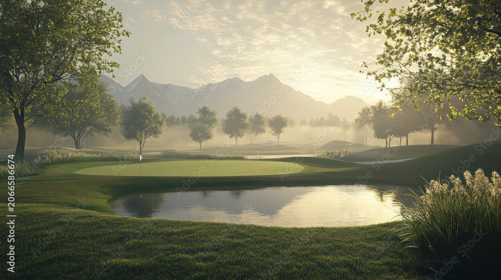 Naklejka premium A serene golf course at sunrise features rolling greens, misty hills in the background, tranquil ponds, and a beautiful mountain landscape