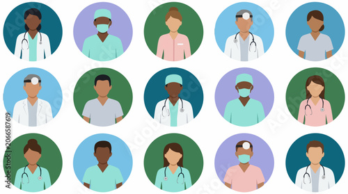 Foto Diverse Healthcare Professionals Avatars Set - Doctors, Nurses, and Surgeons