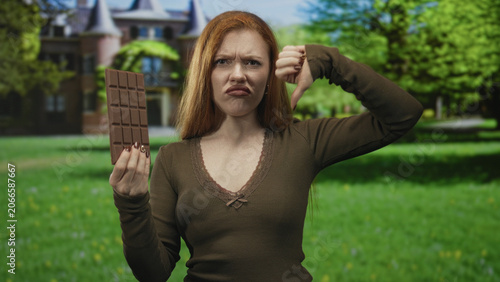 Fotografía Redhead woman holds chocolate bar, shows thumb down and a disgusted face in front of a building with green lawn and trees; disgust
