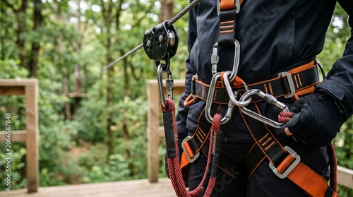 Zipline harness and safety gear worn by person in forest setting  
