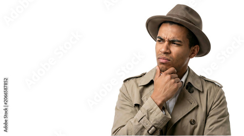 Thoughtful Detective Man In Trench Coat Looking Away