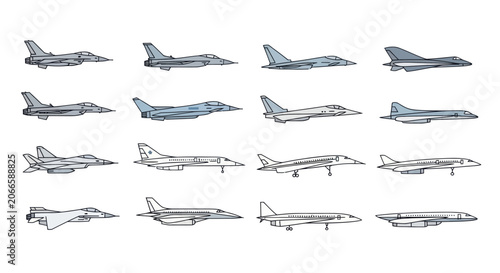 Tableau sur toile Comprehensive set of military fighter jet and airplane icons.