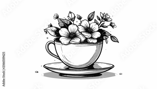 Teacup filled with colorful floral arrangement.