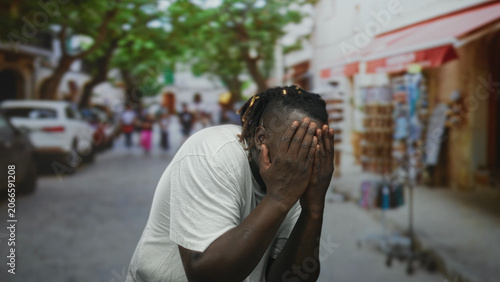 Canvastavla Young african american man in a white t shirt with hands covering his face on a crowded city street lined with storefronts and parked cars; embarrassment