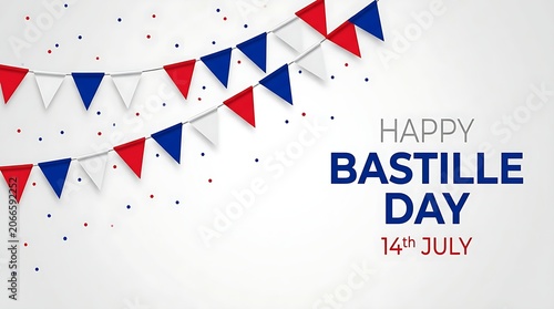 An elegant off-white background holding a vibrant French holiday message below draped national color decorations for July fourteenth.