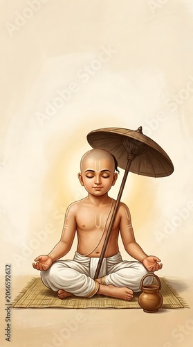 Vamana Avatar of Vishnu Meditating Under Umbrella Isolated Illustration