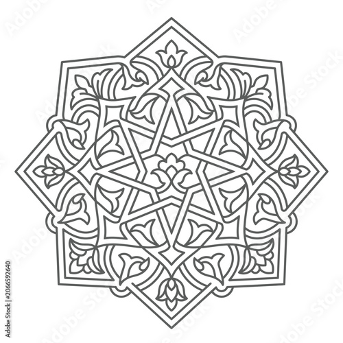 Geometric eight pointed star mandala line art.