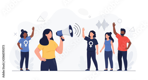 Diverse group of people rallying with a megaphone for gender equality and social justice, vector illustration