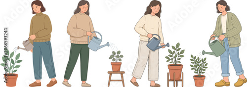 Green thumb enchantresses nurturing a miniature jungle: diverse women finding tranquil joy in tending vibrant