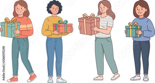 Illustrated Celebration of Sisterhood: Four Diverse Women Radiate Pure Happiness with Delightfully