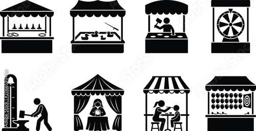 Bild auf Leinwand Carnival Game Booths Icons - Fair Games, Midway, and Carnival Stand Silhouettes