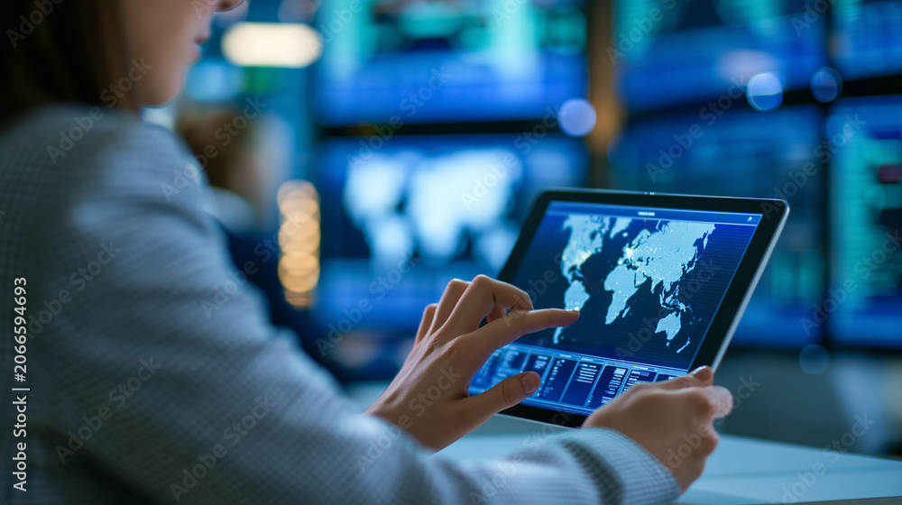Fototapeta premium Faceless woman in a control room analyzing data on a tablet with a global map display visible, focused technical work, defocused control room in background, global data analysis