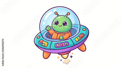 A cute retro style alien character waves from a spaceship surrounded by stars in a digital illustration.