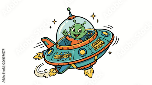 Happy alien sitting in spaceship flying through galaxy with stars