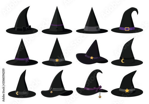 Set of various black witch hats for halloween