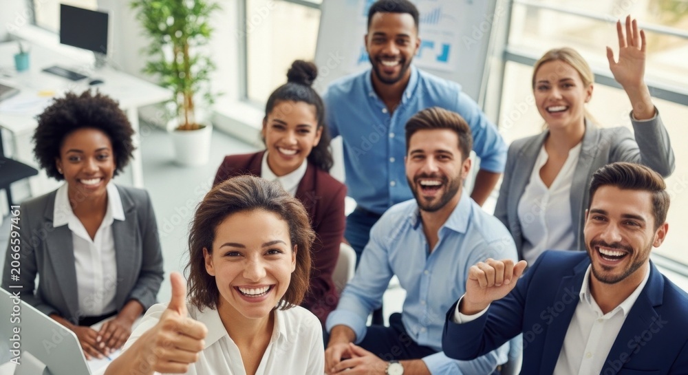 Fototapeta premium A diverse group of business professionals, including men and women, are smiling and waving in a modern office setting.