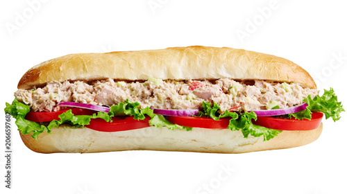 Canvastavla Tuna salad sub sandwich with lettuce tomato, and red onion