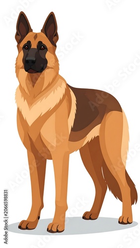 A cartoon illustration of a brown and black dog with pointed ears standing on a grey shadow