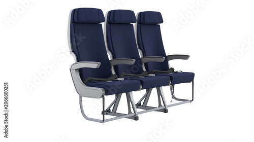 Three navy blue airplane seats with grey frames and seatbelts