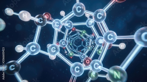 Abstract Visualization of Molecules with Carbon, Hydrogen, Nitrogen Elements in Space