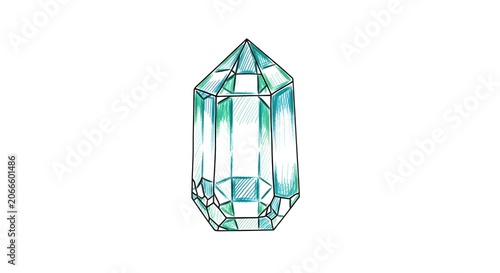 Single hand-drawn teal and emerald green crystal gemstone isolated on a white background featuring watercolor textures, sketchy black ink outlines, and geometric facets.