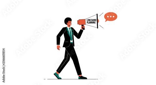 Businessman walking while holding a megaphone and sign.