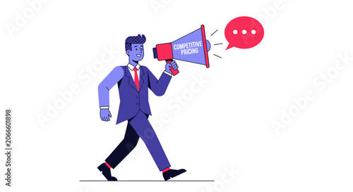 Businessman holding megaphone with speech bubbles.