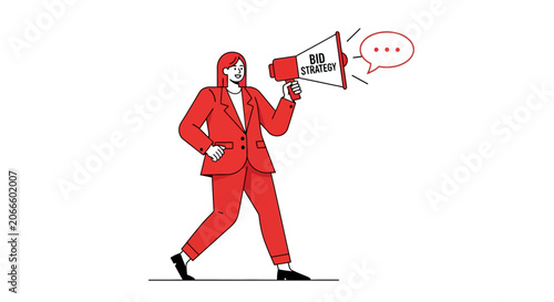 Business person in red suit using megaphone for announcement.