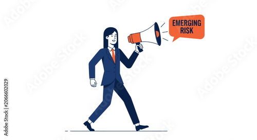 Businesswoman holding emerging risk megaphone illustration.