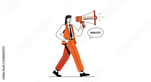 Business analyst holding megaphone with announcement text.