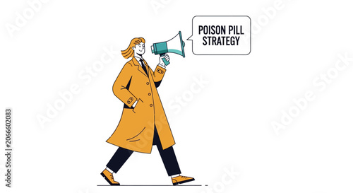 Woman in yellow coat holding megaphone and sign.