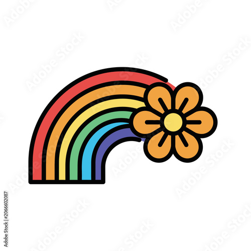 Colorful Retro Style Rainbow with Blooming Flower Illustration