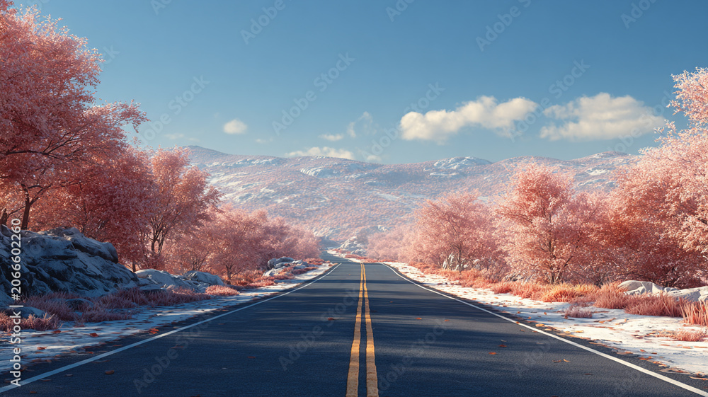 Naklejka premium road stretching through changing seasons