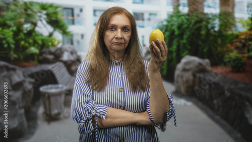 Фотография Senior woman holds a lemon aloft with raised hand and crossed arms, neutral stern gaze toward camera in building; contemplation patience resolve