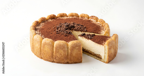 Tiramisu Cheesecake with Cocoa Powder, Chocolate Shavings and One Slice Removed