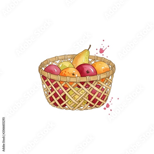 Watercolor illustration of a woven wicker basket filled with fresh autumn fruits including red apples, yellow pears, and oranges, isolated on a white background with pink paint splatters.