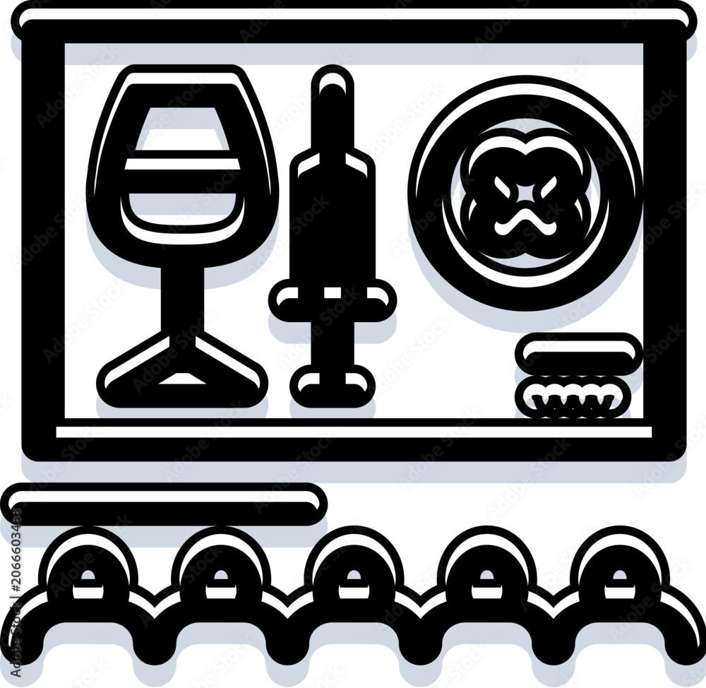 Fototapeta premium Blackboard displaying icons related to wine appreciation and education, including a wine glass, bottle, cheese, and a cluster of grapes, representing oenology learning