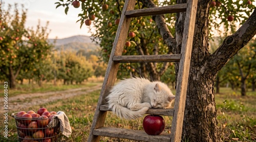 White cat sleeping on wooden ladder by apple tree during harvest  