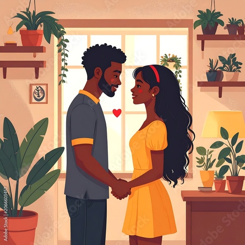 A cartoon illustration of a loving couple holding hands in a cozy room with plants