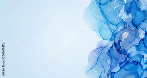 Abstract Blue Fluid Art with Gold Accents on Light Background
