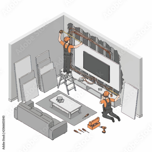 Foto Home renovation workers installing a large television on a wall.