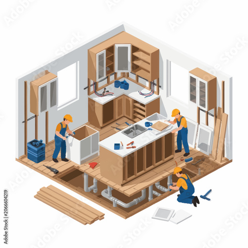 Fotografi Kitchen Renovation Project with Workers Installing Cabinets and Countertops