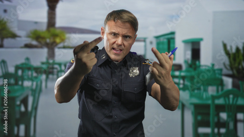 Cuadro en lienzo Man police officer shows middle finger while holding notebook and pen in building courtyard; anger defiance tension