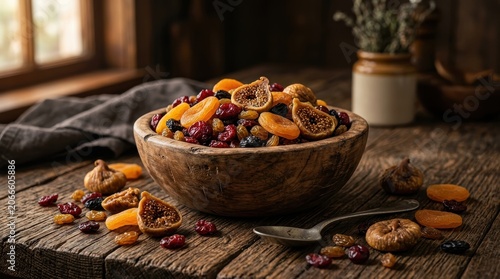 Dried Fruit Mix in Wooden Bowl – Healthy Snack Superfood Still Life Rustic Food Photography