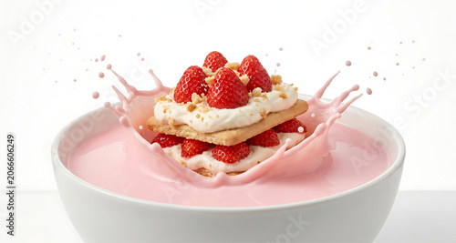 Strawberry Shortcake Biscuit Dramatically Splashing into Bowl of Pink Cream