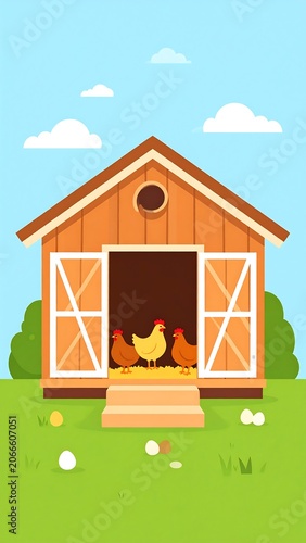 A cartoon-style illustration of a brown barn with chickens outside