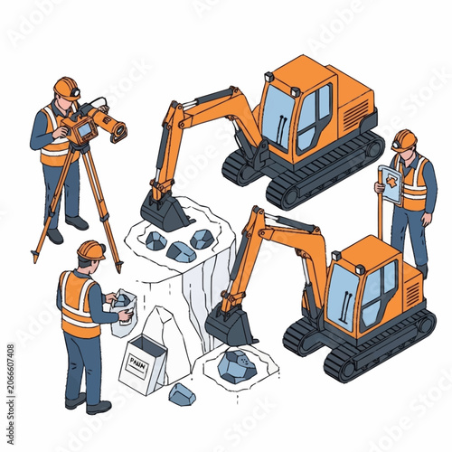 Construction workers operating excavators and surveying equipment on a site.
