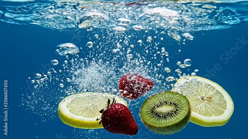 Kiwi and strawberry slices splashing into blue water.