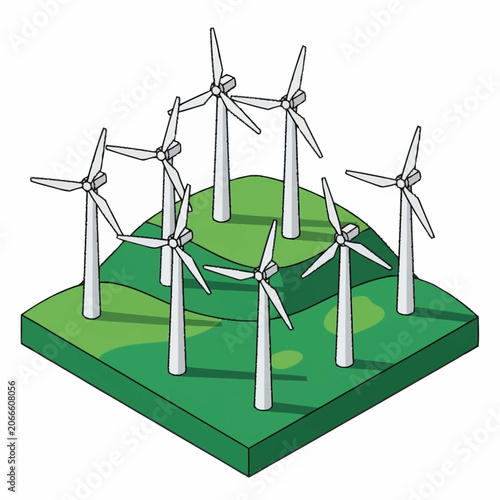 Group of Wind Turbines on Green Hills Generating Clean Energy.