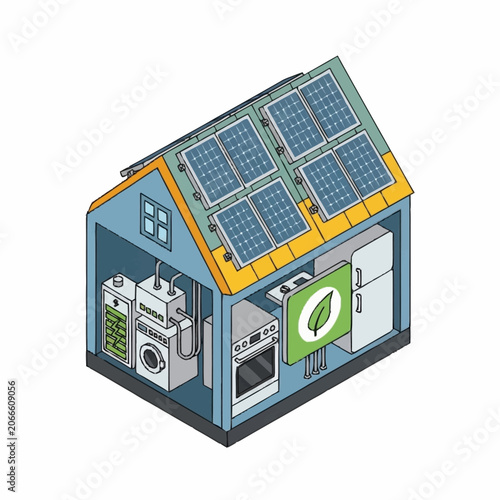 Illustration of a house with solar panels and energy efficient appliances.